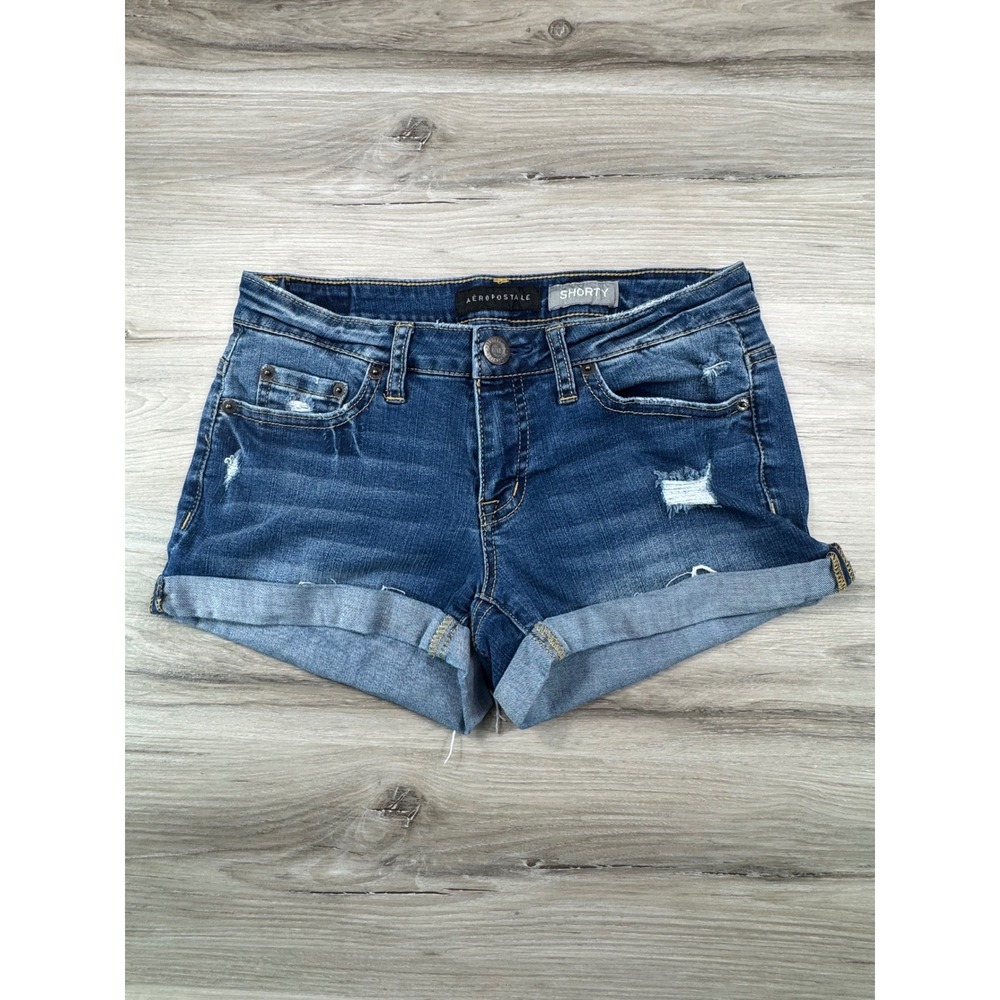 Aeropostale Shorty Womens 2 Dark Wash Distressed Low Rise Cuffed‎ Denim Shorts